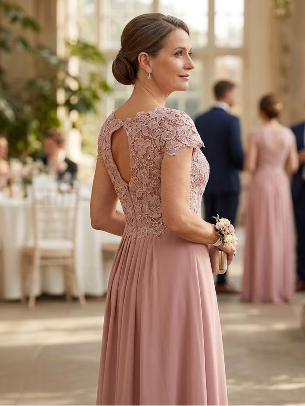 JJ's House Dusty Rose Chiffon Lace Rhinestone Formal Gown Sz 12 Maxi NWT